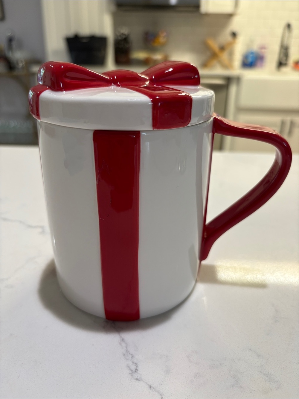 Cost Plus World Market White and Red Gift Bow Ceramic Mug with Lid